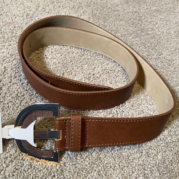 Women’s Brown Belt with Gold Buckle Wood Inlay Size XXL NWT - Picture 1 of 7